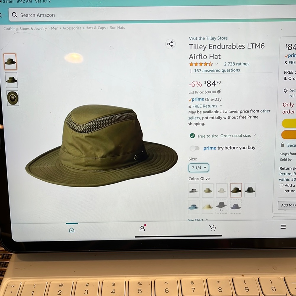 Tilley Airflo hat.  Olive color size 7 1/4.
